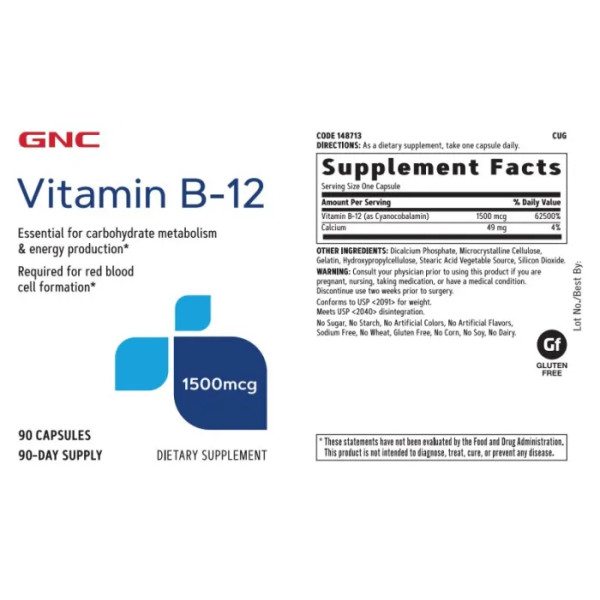 Вітамін В-12 (ціанокобаламін), Vitamin B-12, GNC 1500 мкг, 90 капсул