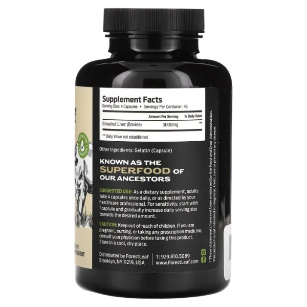 Яловича печінка, Grass Fed Beef Liver, Forest Leaf, трав'яної відгодівлі, 750 мг, 180 капсул
