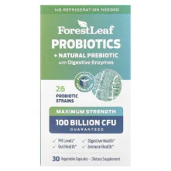 Пробіотики з пребіотиком та травними ферментами, Probiotics + Natural Prebiotic with Digestive Enzymes Forest Leaf, 30 вегетаріанських капсул