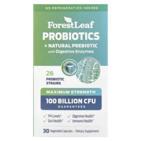 Пробіотики та пребіотики, Probiotics + Natural Prebiotic with Digestive Enzymes, Forest Leaf, з травними ферментами, максимальна результативність, 30 вегетаріанських капсул