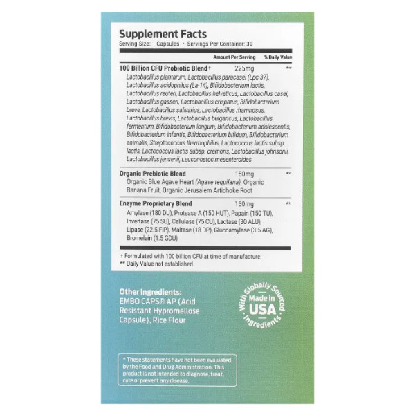 Пробіотики та пребіотики, Probiotics + Natural Prebiotic with Digestive Enzymes, Forest Leaf, з травними ферментами, максимальна результативність, 30 вегетаріанських капсул
