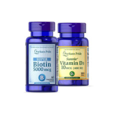 Набір вітамін D3 400 МО та біотин 5000 мкг, Puritan's Pride Vitamin D3 та Biotin, 100 таблеток та 60 капсул