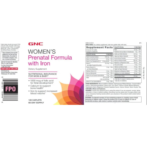 Пренатальний комплекс з залізом, Women's Prenatal Formula, GNC, для жінок, 120 капсул