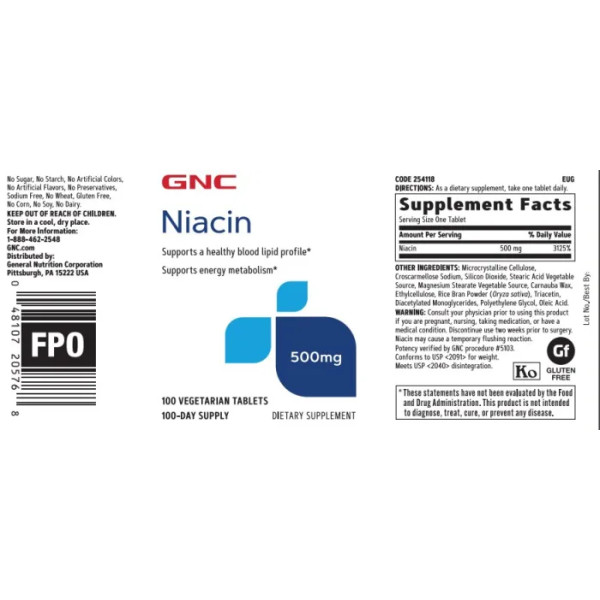 Ніацин, Niacin, GNC, 100 вегетаріанських таблеток