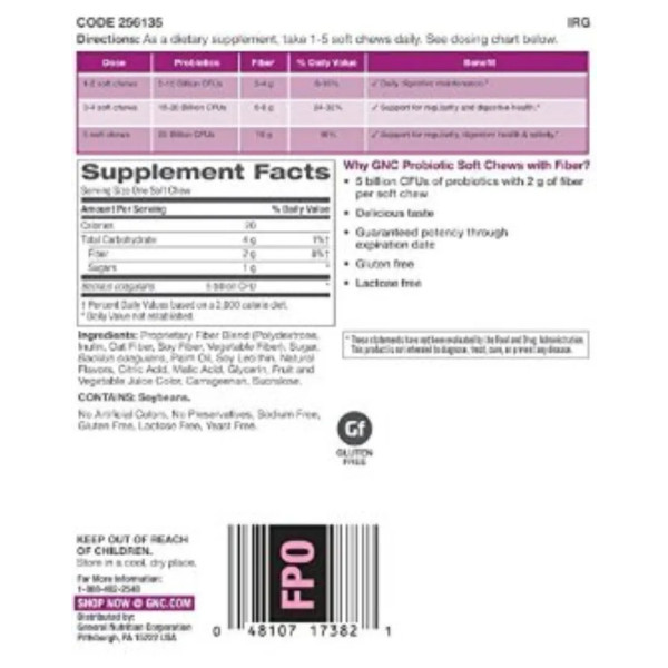 Пробіотик + клітковина, Probiotic with Fiber, GNC, 5 млрд. КУО \/ 2 г, смак ягід, 30 жувальних цукерок