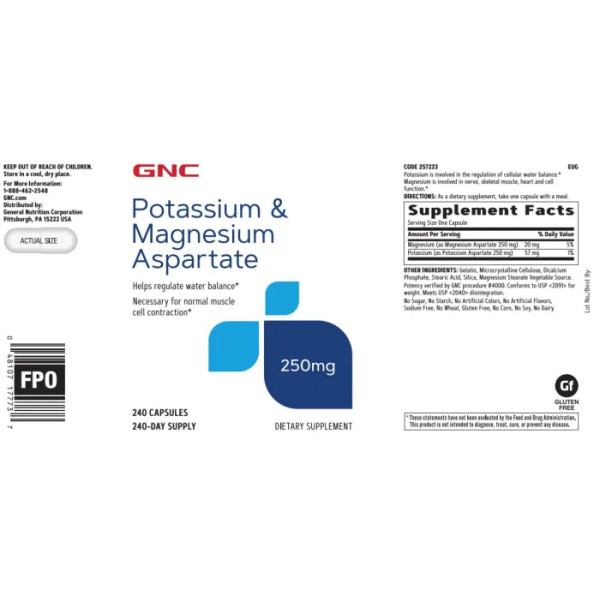 Магній + калій, Potassium & Magnesium Aspartate, GNC, 240 капсул