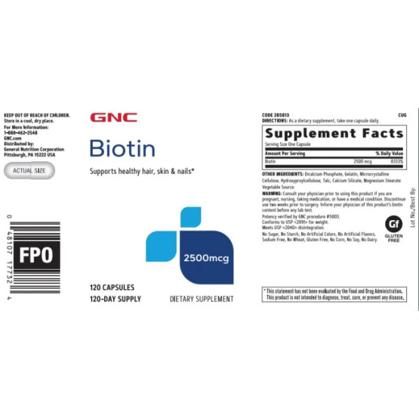 Біотин, Biotin, GNC 2500 мкг, 120 капсул