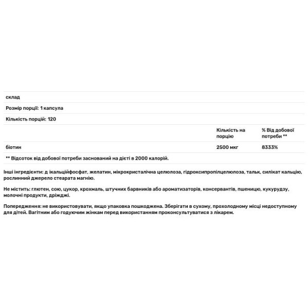 Біотин, Biotin, GNC 2500 мкг, 120 капсул