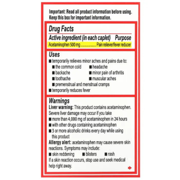 Ацетамінофен, Extra Strength, Acetaminophen, Tylenol, полегшення болю та жару, 500 мг, 50 каплет