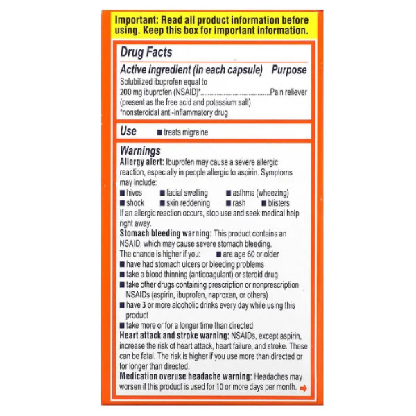 Ібупрофен від мігрені, Migraine Ibuprofen Capsules, Motrin, 200 мг, 80 капсул, наповнених рідиною
