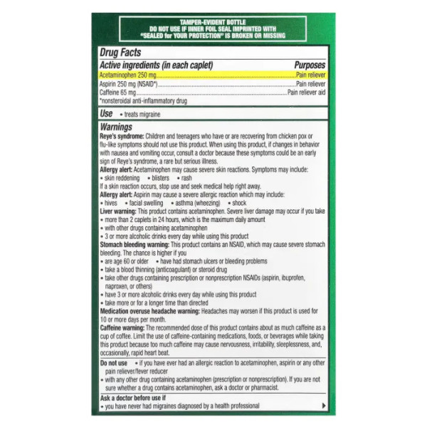 Полегшення мігрені, Migraine, Excedrin, 200 каплет