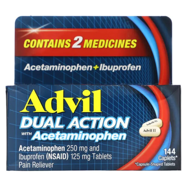 Знеболювальне та жарознижуюче, Dual Action with Acetaminophen, Advil, від головного болю, болю в спині, менструального болю, 144 капсули