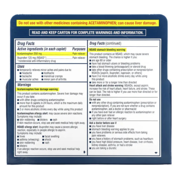 Знеболювальне та жарознижуюче, Dual Action with Acetaminophen, Advil, від головного болю, болю в спині, менструального болю, 144 капсули