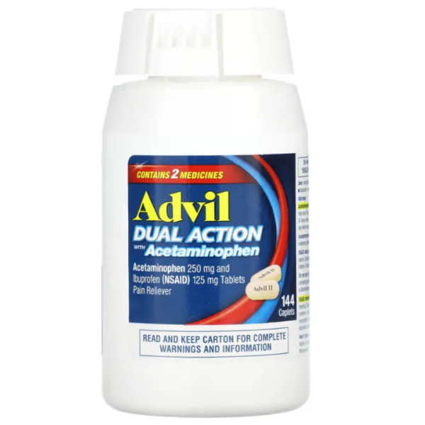 Знеболювальне та жарознижуюче, Dual Action with Acetaminophen, Advil, від головного болю, болю в спині, менструального болю, 144 капсули