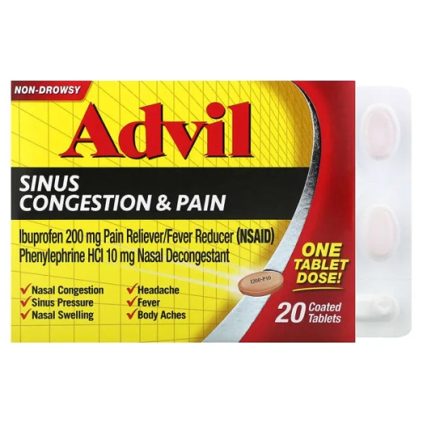 Знеболювальне та жарознижувальне, Sinus Congestion & Pain, Advil, від закладеності носа та головного болю, без сонливості, 20 таблеток, покритих оболонкою