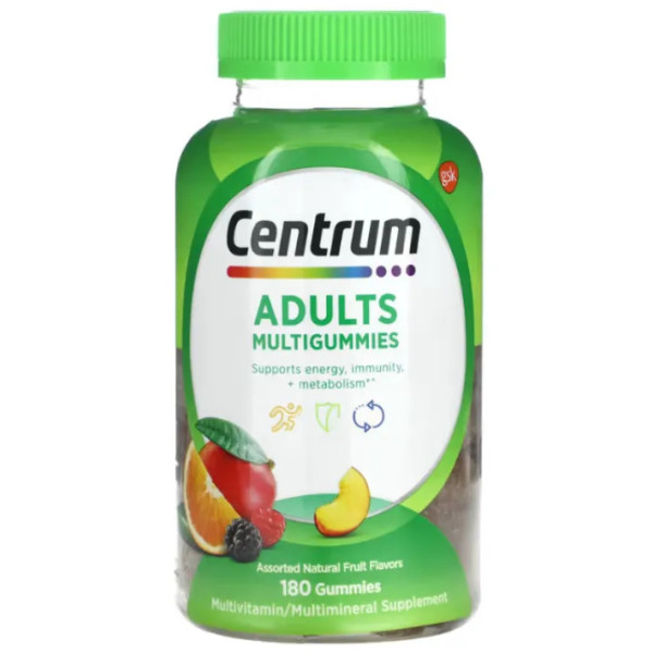 Мультивітаміни та мультимінерали для дорослих, Adults Multigummies, Centrum, підтримує енергію, імунітет та метаболізм, смак – асорті з натуральних фруктів, 180 жувальних цукерок.