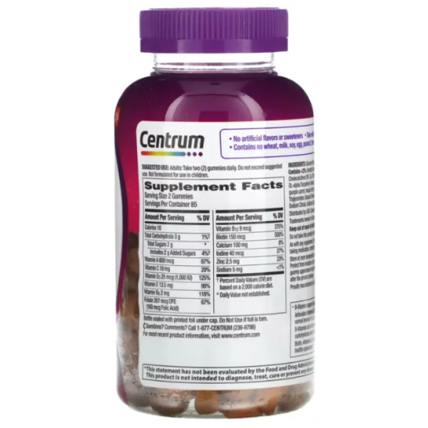 Мультивітаміни та мультимінерали для жінок, Women Multigummies, Centrum, підтримує енергію, імунітет, обмін речовин та здоровий зовнішній вигляд, смак – асорті з натуральних фруктів, 170 жувальних цукерок.