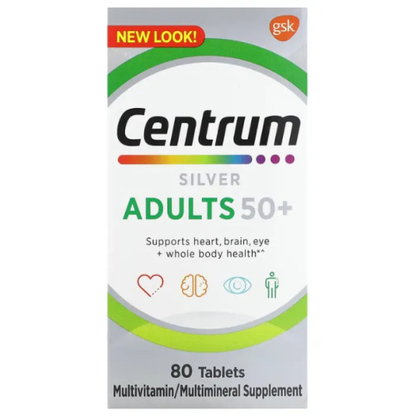 Мультивітаміни та мультимінерали для дорослих 50+, Multivitamin\/Multimineral, Silver, Adults 50+, Centrum, підтримка здоров'я серця, мозку, очей та всього тіла, 80 таблеток