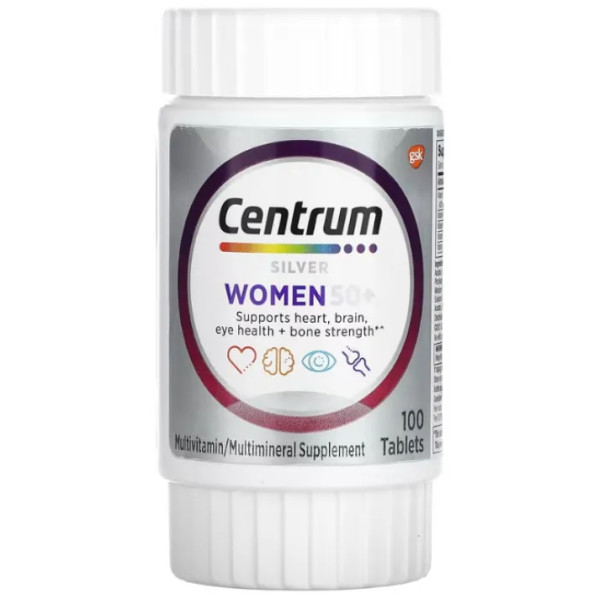 Мультивітаміни та мульмінерали для жінок 50+, Women 50+ Multivitamin\/Multimineral Silver, Centrum, підтримка здоров'я серця, мозку, очей та міцності кісток, 100 таблеток