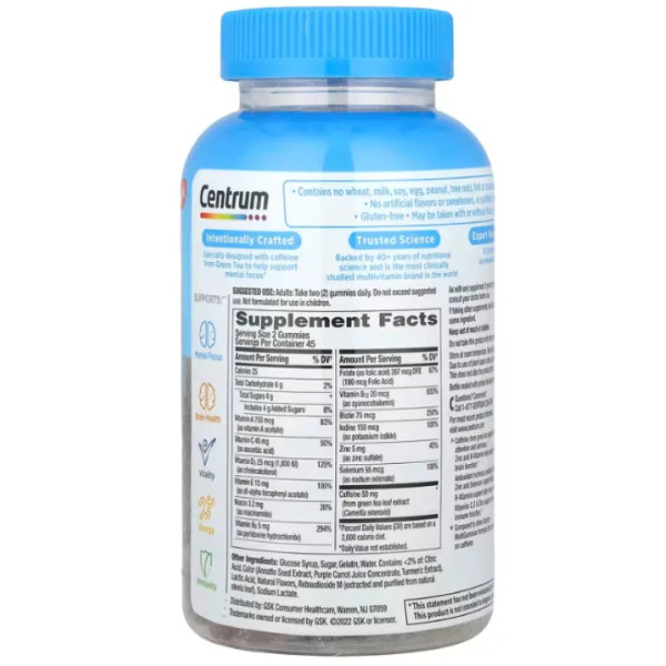 Підтримка роботи мозку та когнітивних здібностей, Dual Action Multi + Mental Focus, Centrum, з кофеїном та зеленим чаєм, смак апельсина та лимона, 90 жувальних цукерок