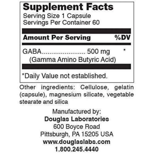 ГАМК (гама-аміномасляна кислота), Gaba, Douglas Laboratories, підтримка нейротрансмітерів мозку, циклів сну та температури тіла, 500 мг, 60 капсул