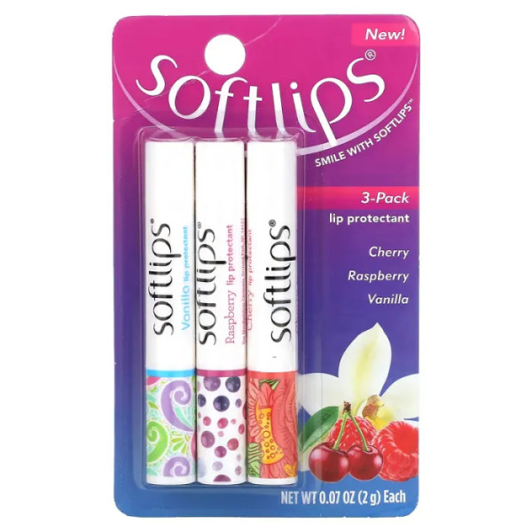 Бальзам для губ, захисний, Lip Protectant, Softlips, вишня, малина, ваніль, 3 шт по 2 г кожен