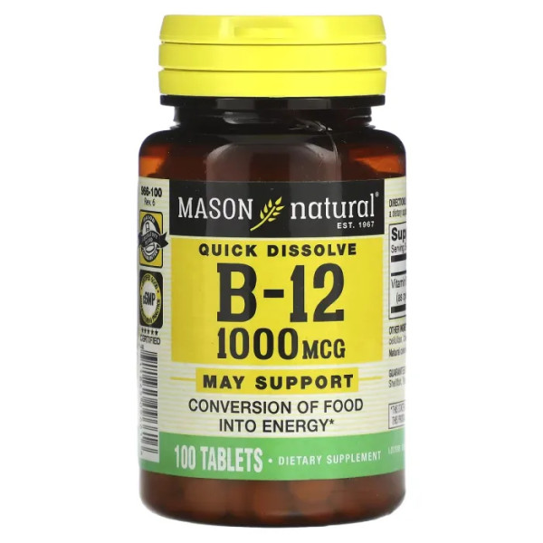 Вітамін В12, Vitamin B-12, Mason Natural 1000 мкг, 100 таблеток