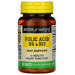 Фолієва кислота, вітамін B6 та B12, Folic Acid B-6 & B-12 Mason Natural, 90 таблеток