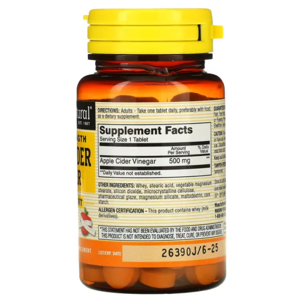 Яблучний оцет, Apple Cider Vinegar, Mason Natural, підвищеної сили, 100 таблеток