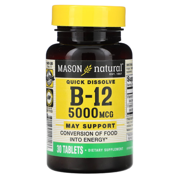 Вітамін В-12, Vitamin B-12, Mason Natural, швидкорозчинний, 5000 мкг, 30 таблеток