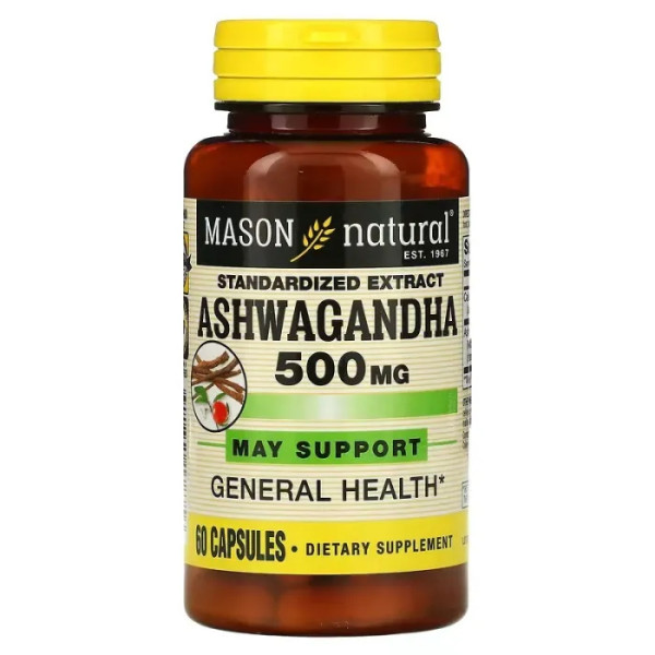Ашвагандха, Ashwagandha, Mason Natural, стандартизований екстракт, 500 мг, 60 капсул