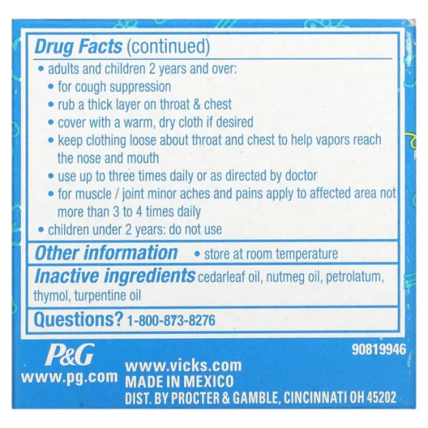Мазь від кашлю та болю в горлі, для дітей, Ointment, Cough Suppressant, Vicks, Children's VapoRub, від 2 років, 50 г