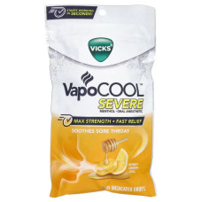 Льодяники від кашлю і болю в горлі максимальної сили, Vicks VapoCool Severe Max Strength Honey Lemon Chill, медово-лимонний холодок, 45 лікувальних льодяників