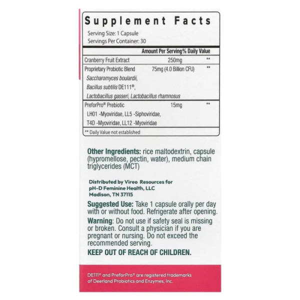 Пробіотик та пребіотик, Women's Probiotic and Prebiotics, pH-D Feminine Health, для жіночого здоров'я, з журавлиною, 30 капсул