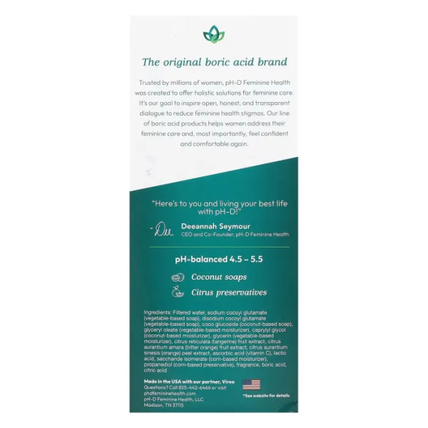 Пінка для душу, Boric Acid Foam Wash, pH-D Feminine Health, з борною кислотою, мед та лаванда, 177,44 мл