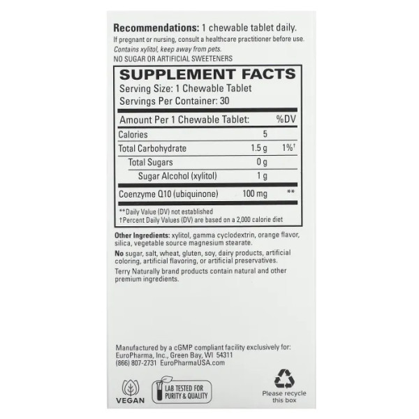 Коензим Q10, CoQ10, Terry Naturally, смак апельсина, 100 мг, 30 жувальних таблеток