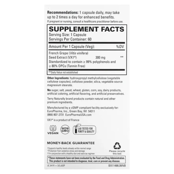 Екстракт виноградних кісточок, Clinical OPC, Terry Naturally, 300 мг, 60 капсул