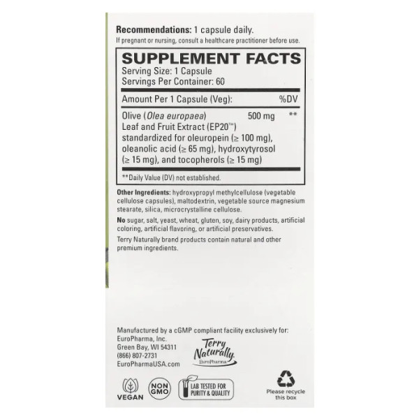 Олива, Olive Extract EP20, Terry Naturally, екстракт листя та плодів, 60 капсул