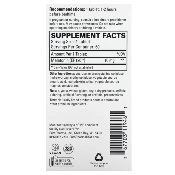 Мелатонін, Melatonin EP120, Terry Naturally, уповільненого вивільнення, 10 мг, 60 таблеток