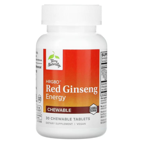 Червоний женьшень, HRG80 Red Ginseng Energy, Terry Naturally, 100 мг, 30 жувальних таблеток