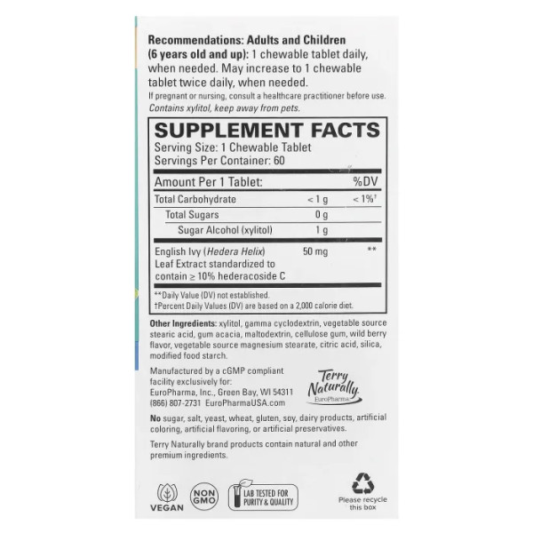 Підтримка бронхів та легень, Bronchial Clear, Terry Naturally, екстракт листя плюща, 60 жувальних таблеток