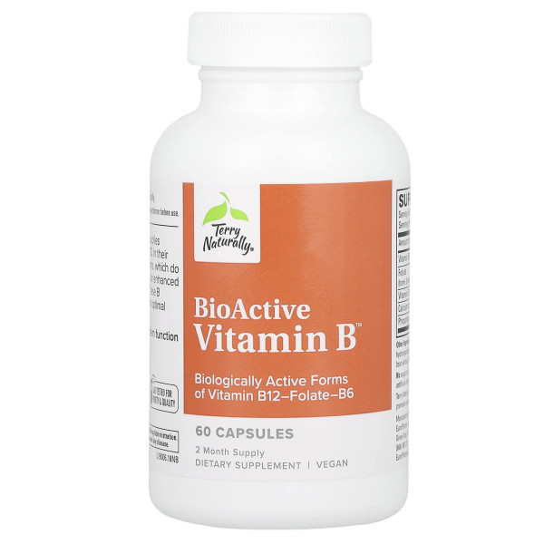 Вітамін B6, фолат та B12, BioActive Vitamin B, Terry Naturally, біоактивні, 60 капсул