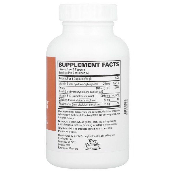 Вітамін B6, фолат та B12, BioActive Vitamin B, Terry Naturally, біоактивні, 60 капсул