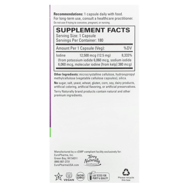 Йод, Tri-Iodine, Terry Naturally, три форми йоду, 12,5 мг, 180 капсул