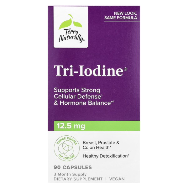 Йод, Tri-Iodine, Terry Naturally, три форми йоду, 12,5 мг, 90 капсул