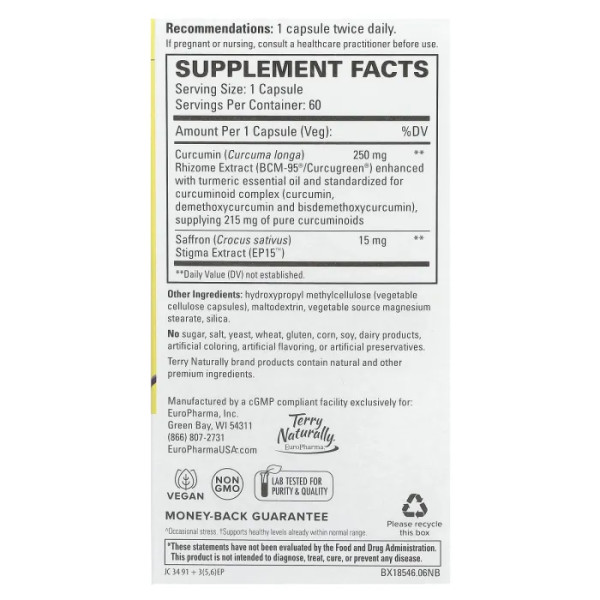 Шафран + куркумін, Saffron Life + Curcumin, Terry Naturally, 60 капсул