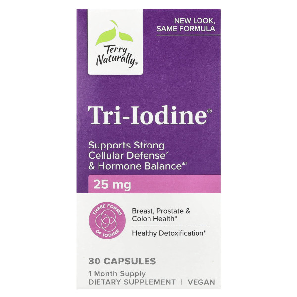 Йод, Tri-Iodine, Terry Naturally, три форми йоду, 25 мг, 30 капсул