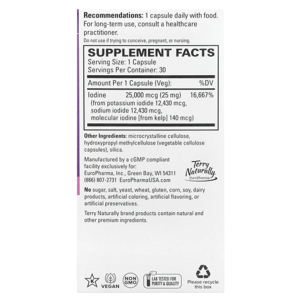 Йод, Tri-Iodine, Terry Naturally, три форми йоду, 25 мг, 30 капсул