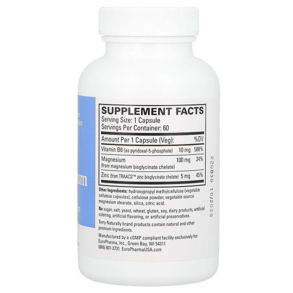 Магній з P-5-P та цинком, BioActive Magnesium Complex, Terry Naturally, біоактивний комплекс, 60 капсул