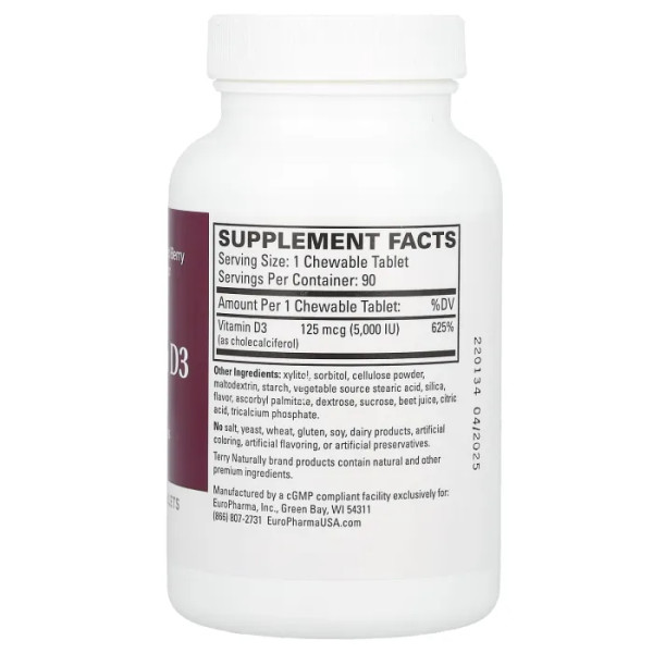 Вітамін D3, Vitamin D3, Terry Naturally, смак ягідної суміші, 5000 МО, 90 жувальних таблеток